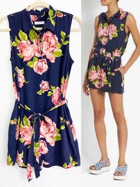Equipment Earl Boudoir Rose Print Silk Romper in Peacoat Sz XS